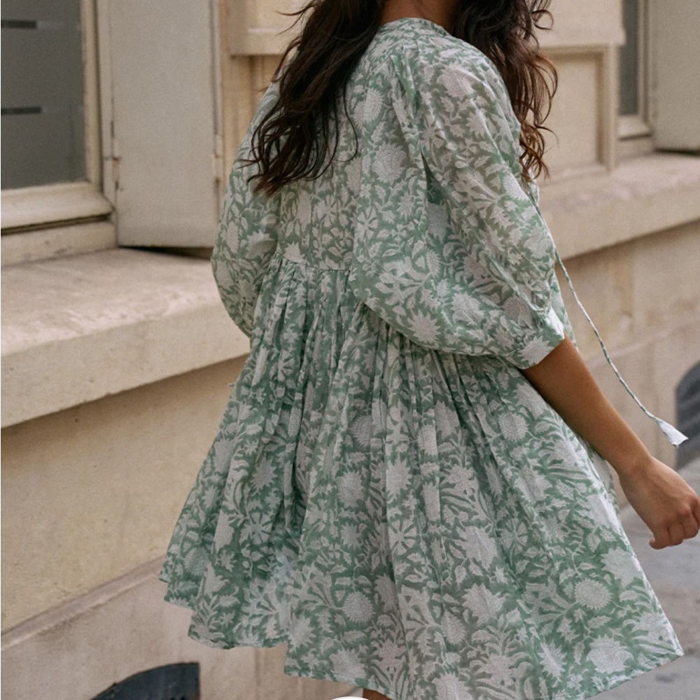 Daughters of India Mint Green Floral Babydoll Dress